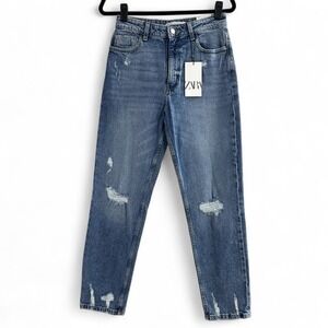 NEW Zara Mom Fit‎ High Rise Blue Denim Jeans Distressed Women's USA 6